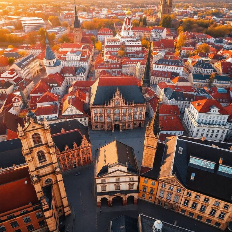 Letecký pohled na centrum Plzně v teplém odpoledním světle
